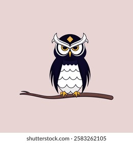 In a charming portrayal, a striking owl sits upright on a branch, its large eyes gleaming with curiosity. The vibrant colors and playful design bring an artistic touch to this charming creature