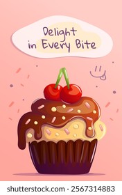 A charming postcard featuring a Banana Split cupcake with chocolate frosting, colorful sprinkles, and cherries on top. The text 'Every bite is a tasty delight' adds a cheerful and sweet vibe.