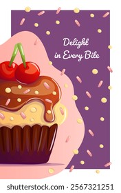 A charming postcard featuring a Banana Split cupcake with chocolate frosting, colorful sprinkles, and cherries on top. The text 'Every bite is a tasty delight' adds a cheerful and sweet vibe.