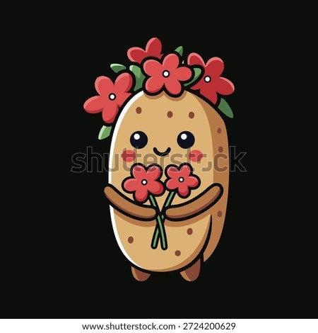 A charming potato character adorned with flowers holding a bouquet