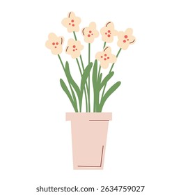 Charming potted light yellow flowers vector illustration. Simple flat hand drawn design, ideal for spring decoration, cards, sticker. Cute botanical element in a pastel pot.