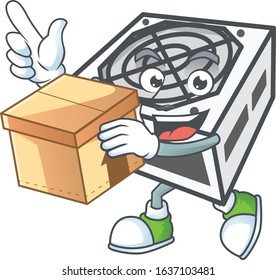 A charming power supply unit white color mascot design style having a box