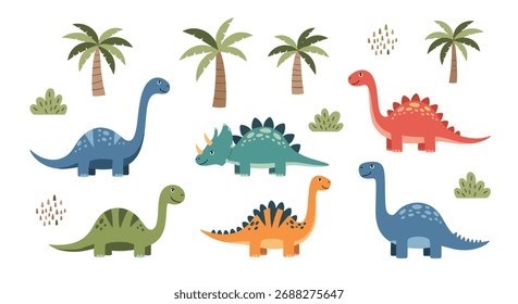 Charming prehistoric creatures and lush palm trees create a vibrant, playful scene perfect for kids' themes