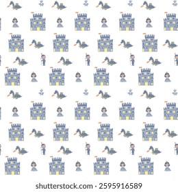 Charming princess pattern with castles, dragons, and knights for textile design or gift wrap.