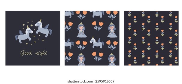 Charming princess and unicorn pattern design for sleepwear and children's decor.