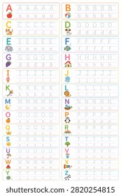 A charming printable alphabet handwriting practice worksheet featuring uppercase and lowercase letters with cute vocabulary illustrations. Perfect for early childhood learning, preschool handwriting practice, and homeschooling. Fully editable vector formats (EPS, SVG) designed to make learning letters fun, neat, and engaging for kids.