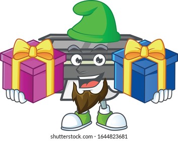 A charming printer cartoon mascot style with two boxes of gifts