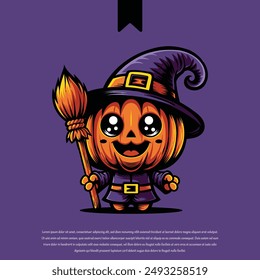 Encantadora mascota bruja con cabeza de calabaza con sombrero puntiagudo y aura mágica. Perfecto para Halloween y diseños festivos, añadiendo un toque de encanto y capricho a cualquier proyecto.