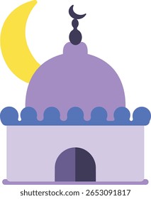 A charming purple mosque under crescent moon, symbolizing Islamic faith and night prayer, suitable for religious and festive themes.

