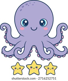 A charming purple octopus character with three smiling yellow starfish. High quality flat vector illustration in kawaii style for children education and nursery decor.
