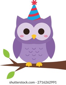 Un encantador personaje de Vector de búho púrpura con un sombrero festivo de fiesta a rayas y posado en una rama de árbol. Perfecto para tarjetas de cumpleaños, invitaciones y pegatinas para niños.
