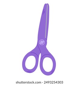 Charming purple scissors. School supplies. Office supplies of necessities. Cute and functional cutting tools for students and craft lovers. Highlighted on a white background. Back to school.