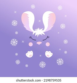 Charming rabbit with big ears in snowflakes