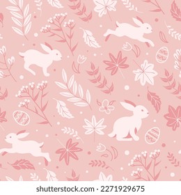 Charming rabbits are jumping in the spring meadow, happy easter. Seamless monochrome pink pattern chocolate eggs, daisies and tulips. cartoon style. For wallpaper, printing on fabric, wrapping.