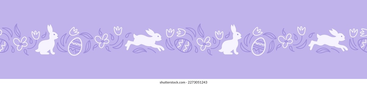 Los encantadores conejos están saltando en el prado de primavera. Pascua feliz. Borde violeta monocromo sin brillo. Huevos de chocolate, margaritas y tulipanes. Estilo Doodle. Para papel pintado, impresión en tela, envoltura.