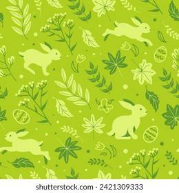 Charming rabbits are jumping in the spring meadow, happy easter. Seamless monochrome green pattern chocolate eggs, daisies and tulips. cartoon style. For wallpaper, printing on fabric, wrapping.