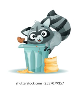 A charming raccoon feasting on delicious snacks from a messy trash can, exuding playful charm and curiosity