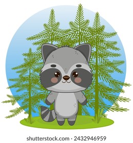 A charming raccoon stands in a spruce forest. Raccoon in kawaii style. Kawaii style. Vector illustration of drawings, prints and patterns. Isolated illustration for children on a white background