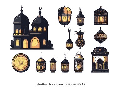 Charmosos ícones do Ramadã Lanternas e gráficos lunares para desenhos festivos