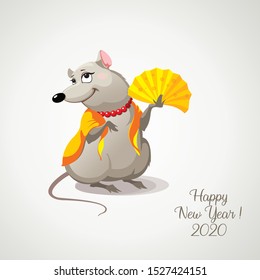 Charming rat with a ladies fan in her hands. Greeting card with the symbol of 2020.
Vector Illustration.
