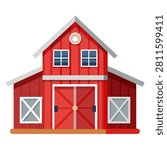 Charming red barn with rustic windows and large doors on white background - iconic farmhouse design with traditional countryside aesthetic.