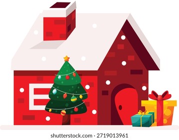 Charmantes rotes Ziegelhaus mit Schnee bedeckt mit dekorierten Tannenbaum und Geschenkboxen draußen