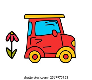 Charming Red Car with a Flower Accent for a Quirky and Delightful Farming Journey Theme Vector illustration