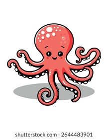 A charming, red cartoon octopus with big, friendly eyes and a gentle smile, making it an ideal character for kids' designs.