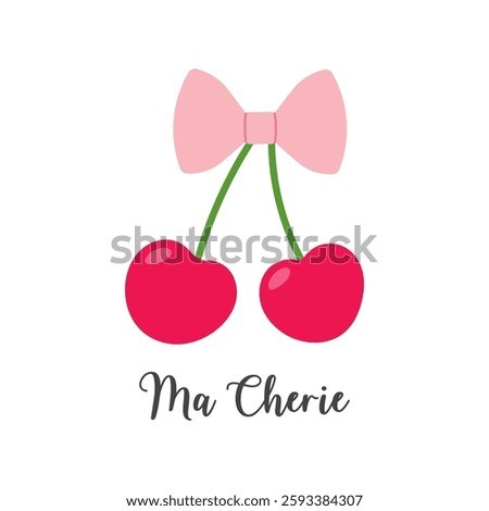 Charming red coquette cherry tied with a delicate pink ribbon bow. Includes a stylish hand drawn lettering phrase 