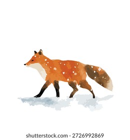Ilustração encantadora de raposa vermelha caminhando através da neve fresca do inverno. Ideal para projetos de design gráfico sazonal, de vida selvagem e natural, livros infantis ou cartões de férias.