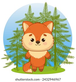 A charming red fox stands in a spruce forest. Fox in kawaii style. Kawaii style. Vector illustration of drawings, prints and patterns. Isolated illustration for children on a white background