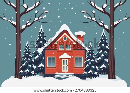 Charming red house in a snowy winter landscape with snow covered trees. Illustration for Christmas and holiday backgrounds.