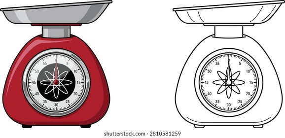 A charming red kitchen scale and its outline version are depicted for culinary measurement