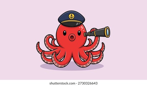 A charming red octopus dressed as a captain, holding a spyglass and looking through it.
