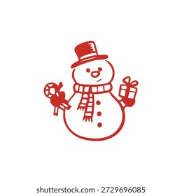 A charming red outline drawing depicts a festive snowman wearing a top hat and scarf, holding a candy cane and a wrapped gift.