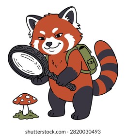 Charming red panda hiker using big glass lens to study mushroom in outdoor wilderness with travel backpack gear.
