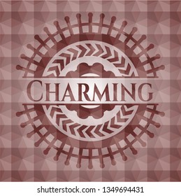 Charming red seamless badge with geometric pattern background.