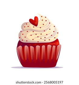 A charming Red Velvet cupcake illustration in cartoon style, featuring smooth white buttercream frosting and vibrant red sprinkles. Perfect for dessert designs, celebrations, and sweet-themed projects