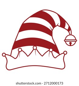 A charming red and white striped elf hat featuring a small jingle bell. This festive headwear is perfect for holiday celebrations, Christmas events, and winter season designs.
