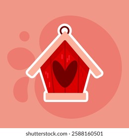 Charming red wooden birdhouse with a heart design in sticker style. Great for digital art, stationery, and seasonal decorations.