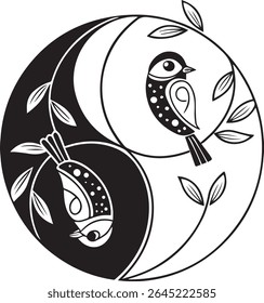 A charming reinterpretation of the Yin Yang symbol. In this black and white design, two stylized birds rest on delicate branches, perfectly balancing within the opposing halves.