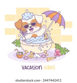 Charming relaxed, sunglass-wearing cartoon dog soaking in bubble bath with drink, under sun umbrella. Whimsical sunny vacation atmosphere at home in bathroom with animal. Vector illustration