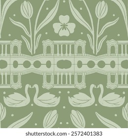 Charming repeat pattern featuring English garden architecture, tulips, pansies, and swans in a harmonious, monochrome elegant design