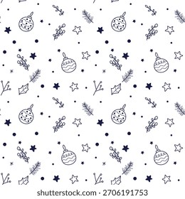 Encantadoras Navidades repetibles y patrón de vacaciones de invierno. Elementos azules dibujados a mano: estrellas, acebo, pino y adornos en blanco. Perfecto para fondos, tela y abrigo.