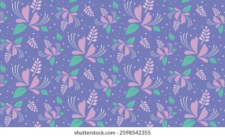 A charming repeating design featuring soft java flowers and green leaves on a muted purple background, exuding floral elegance and natural beauty.