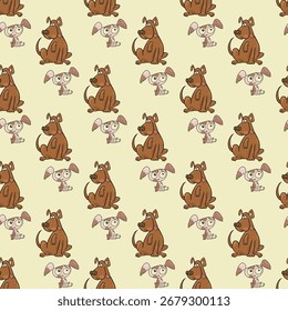 A charming repeating pattern featuring adorable brown cartoon dogs and small playful white ghosts, perfect for textiles and decor.