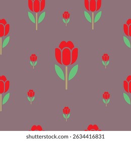 Een charmant herhalend patroon met felrode tulpen met groene bladeren tegen een zachte mauve achtergrond. Dit prachtige ontwerp is perfect voor textiel, briefpapier en elk project dat nodig is.