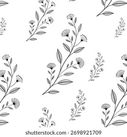 A charming, repeating pattern featuring finely detailed, hand-drawn illustrations of delicate wildflowers and leafy branches in a classic black and white sketch style.
