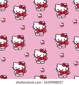 A charming repeating pattern featuring Hello Kitty in various sizes, adorned with her signature red bow against a soft pink background. This delightful design is perfect for children's products.