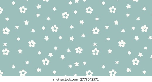 A charming repeating pattern featuring small, stylized white cherry blossoms and tiny dots scattered across a muted teal backdrop.